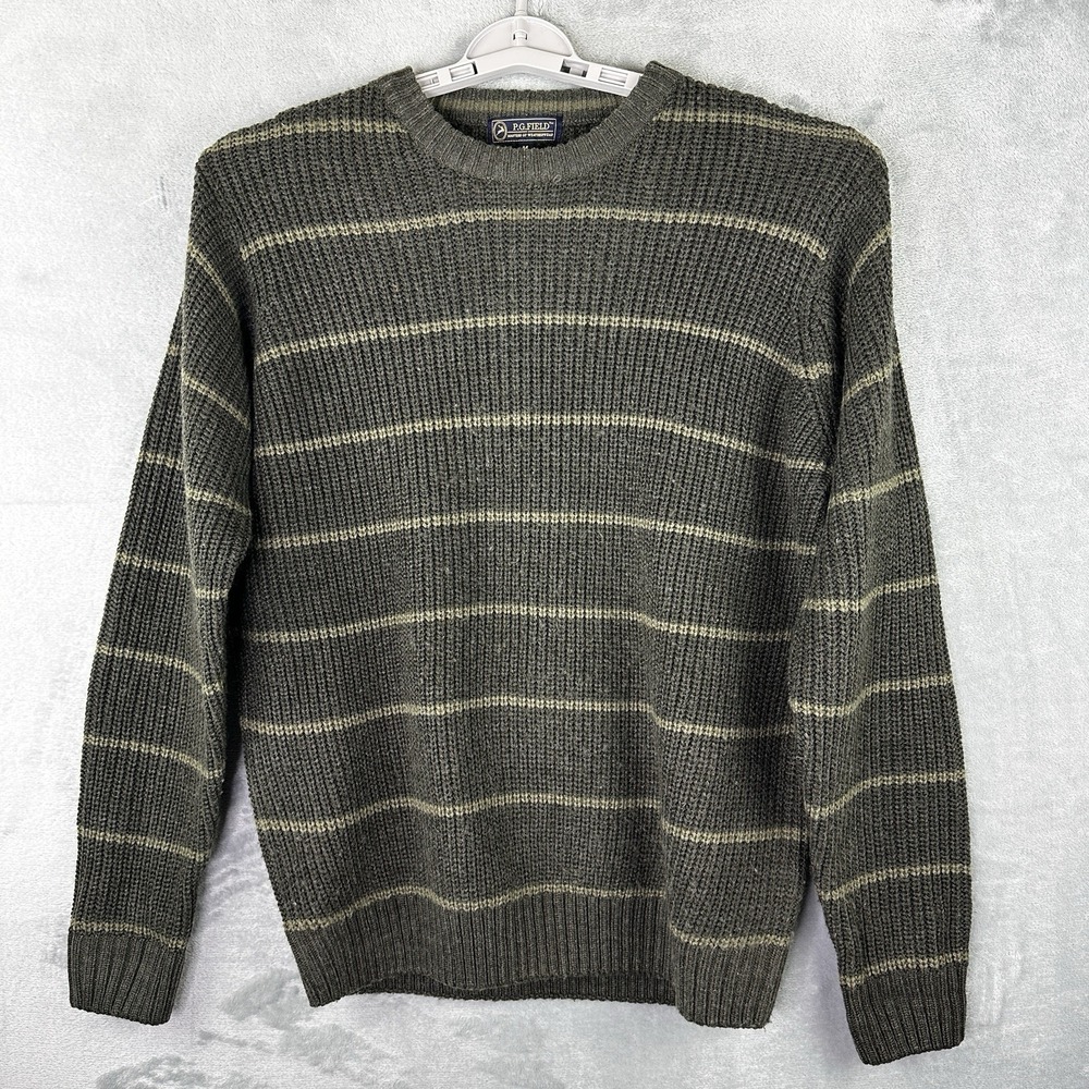 PG Field sweater Men’s Medium Olive Green Striped Chunky Knit Crew Neck Pullover